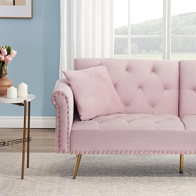 69.7'' Convertible Velvet Sleeper Sofa Bed Upholstered Futon Couch with Nail Head Trim and 2 Matching Throw Pillow for Living Room Bedroom Home Office (Pink)