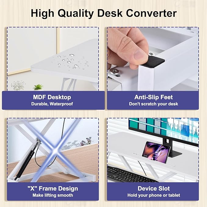 38-Inch Height Adjustable Standing Desk Converter Duals Monitor &amp Laptop Riser with Wide Keyboard Tray Sit to Stand Ergonomic Workstation for Home Office School Business White