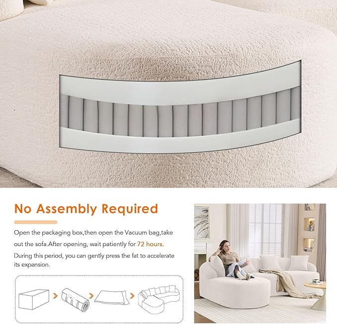 Curved Sectional Sofa Couch Oversized L Shape Deep Seat Cloud Couch Modern Chenille 4-Seater Sofa with Chaise No Assembly Required Couches for Living Room Apartment Office Beige White