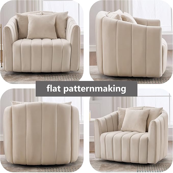 Modern Accent Chair with 3 PillowsBeige Swivel Barrel Chairs for Living RoomOversized Barrel Chair 360 (Beige + Velvet)
