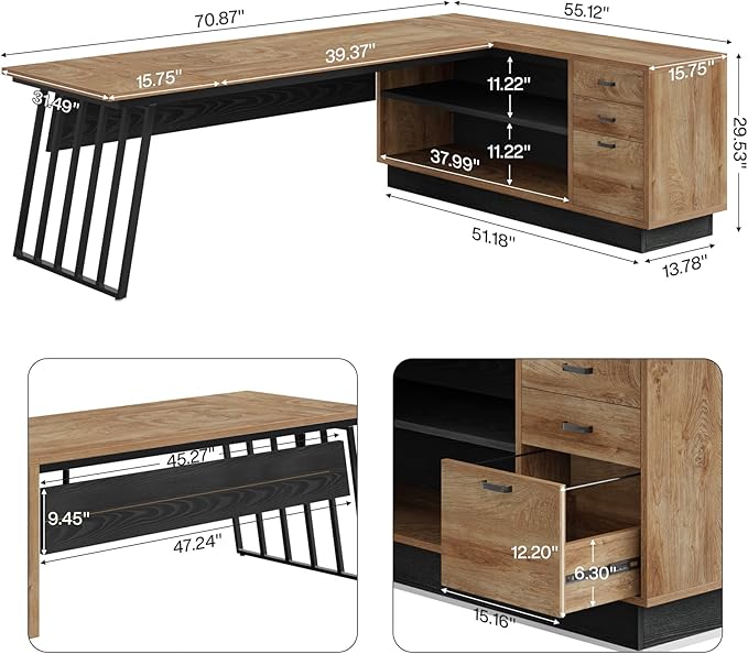 Tribesigns 71-Inch Executive Desk L-Shaped Desk with Cabinet Large Office Desk with Drawers and Storage Shelves Writing Table Computer Desk for Home Office Oak and Black