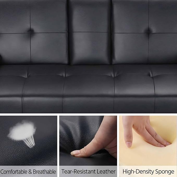Anwick Convertible Folding Futon Sofa BedModern PU Leather Sleeper Love Seat with 3 Reclining Backrest &amp Cup Holders67 Comfy Sofa Couches for Living Room Small Home Office (Black)