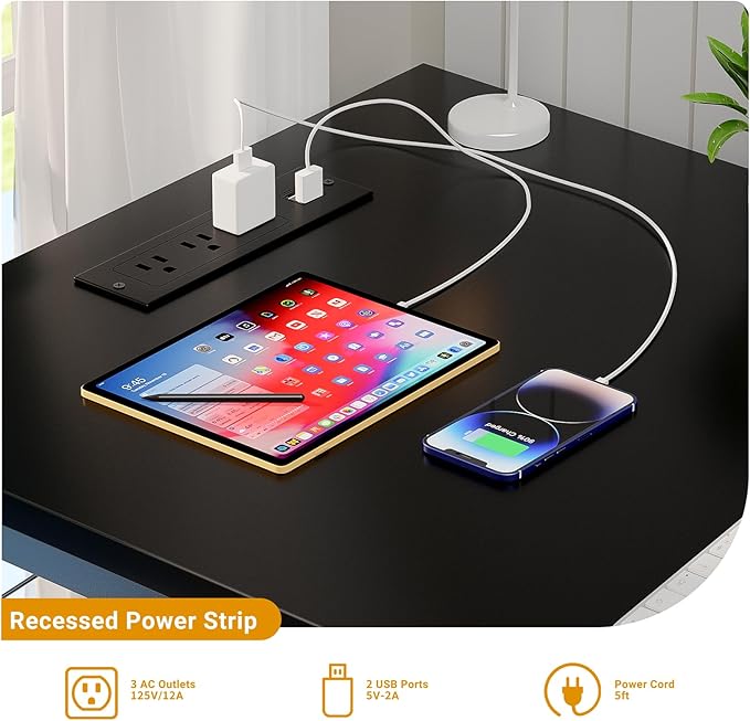 47 Inch Computer Desk with Magic Power Outlets and USB Charging Ports Modern Home Office Desks Sturdy Simple Writing Table Laptop PC Gaming Desk for Bedroom Workstation Black 2 Pack