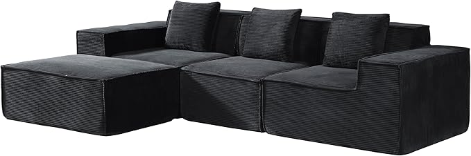 Rowan Convertible Corduroy Sectional Couch with Ottoman &amp Pillows Modular L Shaped Sleeper Sofa Boneless Cloud Couch for Living Room Furniture Black