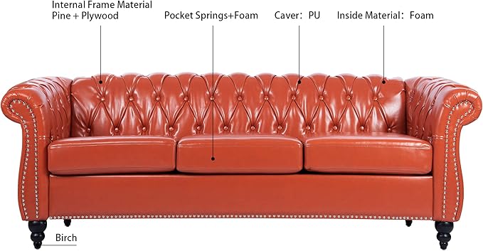 Ball &amp Cast 84 Chesterfield Leather Sofa with Channel Tufted Seat BackClassic 3 Seater Couch w/Roll Arm Nailhead Trim and UpholsteredMid Century Furniture for Living RoomBedroomOfficeOrange