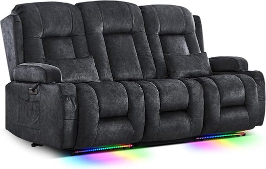TUNYI Power Loveseat Recliner Sofa with Massage &amp Heat Home Theater Seating with Console RV Recliner Loveseat Sofa with USB/Storage/Side Pocket/LED Light/Speaker (Grey 3 Seat)