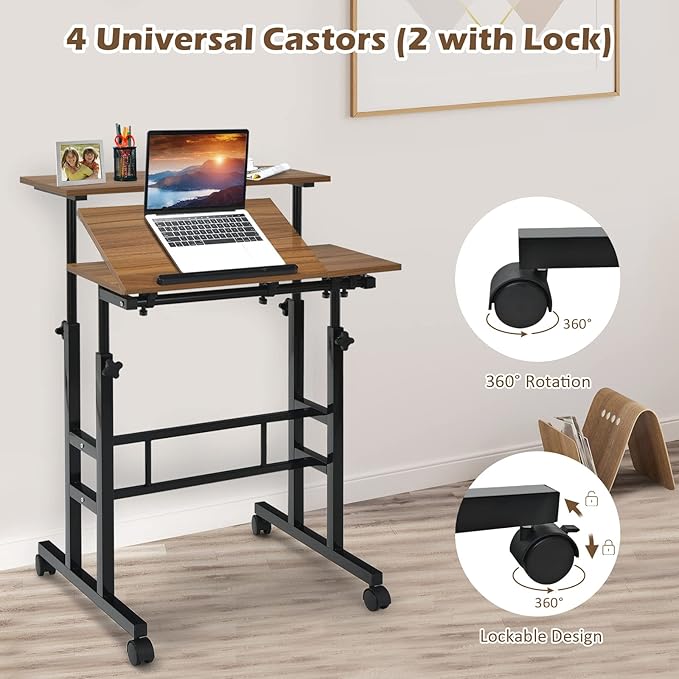 Giantex Mobile Standing Desk Height Adjustable Stand Up Desk with Wheels &amp Tilting Tabletop Rolling Laptop Cart Computer Workstation for Standing or Sitting Home Office Sit Stand Desk Walnut