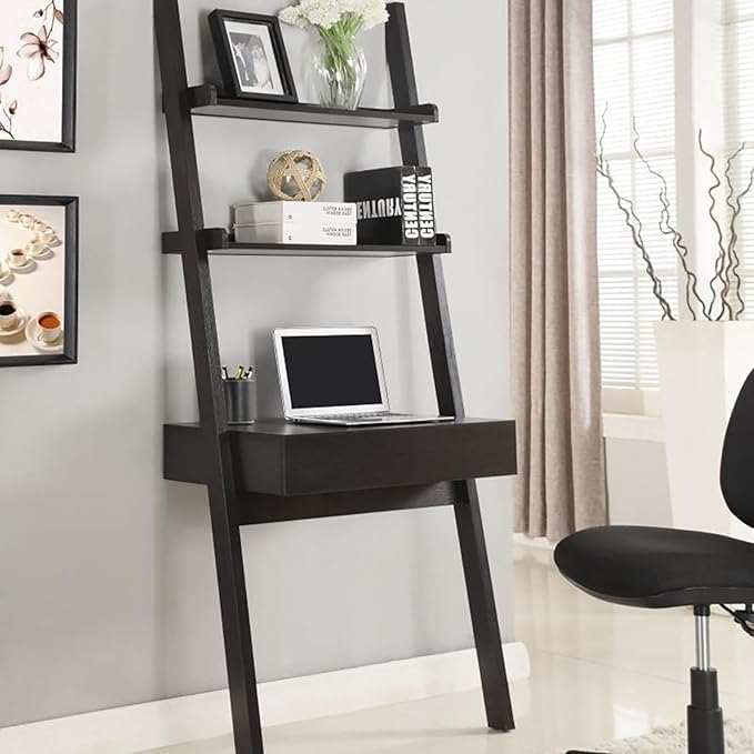 Cappuccino Wall Leaning Ladder Computer Desk with Drawer and 2 Shelves Space-Saving Modular Modern Design Home Office Desk for Bedroom Living Room or Apartment