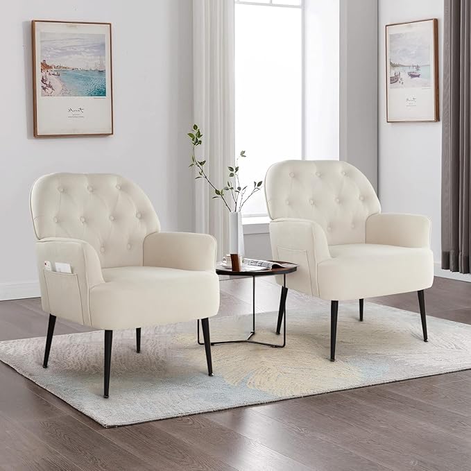 IWMH Accent Chair for Living Room Button Linen Fabric Armchair Single Sofa Chair with Arms Metal Legs Side Corner Chair for Bedroom Reading (Beige)