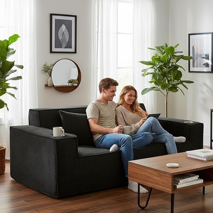 75 Cloud Boneless Loveseat Couch – No Assembly Required Corduroy Sofa with Cup Holders High-Density Memory Foam 3 Seater Comfy Couches for Living Room Bedroom Apartment Black