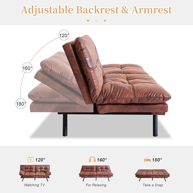 Opoiar Modern Sleeper SofaConvertible Couch BedMemory Foam Adjustable Armrest&ampBackrestFaux Leather Futon Sets for Compact Living SpacesOffice Sofabed Brown-002 SF-PU-002