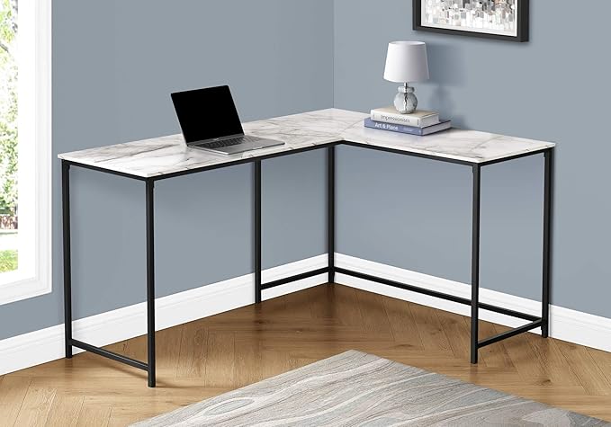 Computer Desk Home Office Corner 58 l L Shape Work Laptop White Marble Look Laminate Black Metal Contemporary Modern