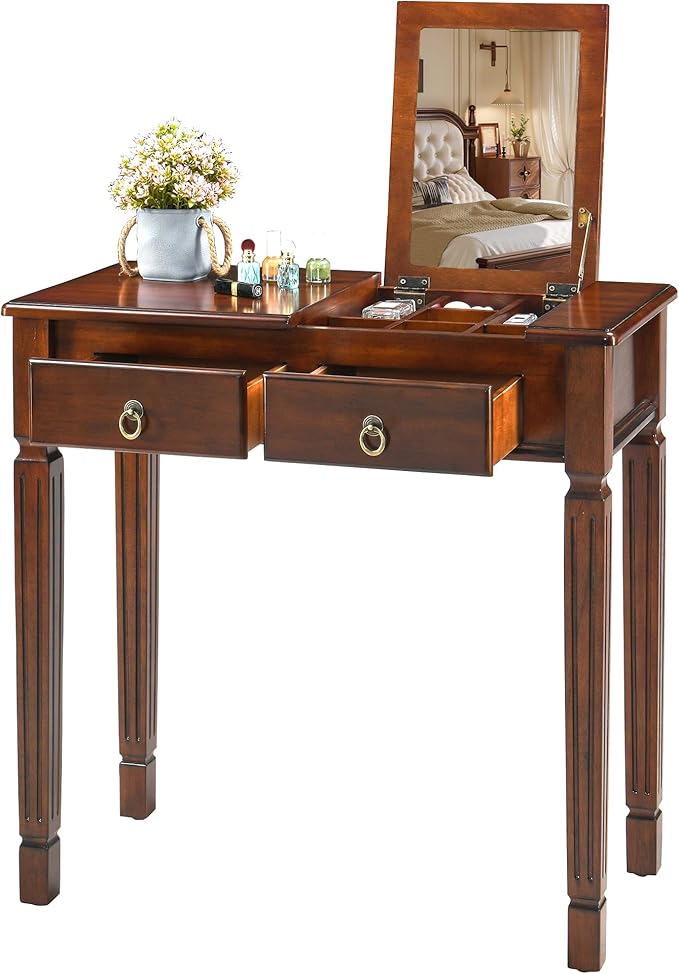 LEEMTORIG 31.5 Solid Wood Small Vanity Desk with Flip-top Mirror Compact Wooden Writing Desk with Drawers 3 in 1 Secretary Desk/Dressing Table/Nightstand for Small Space Cherry Walnut SZT-D0036