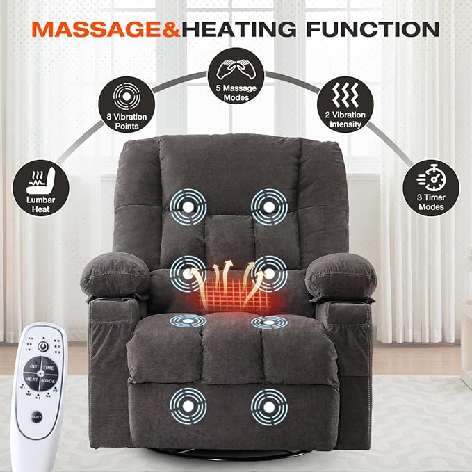 Swivel Recliner Chair for AdultsOversized Rocker Recliner with Vibration Massage and Lumbar HeatErgonomic Rocking Chair with Side Pocket2 Cup HoldersUSB Charge Port for Living Room