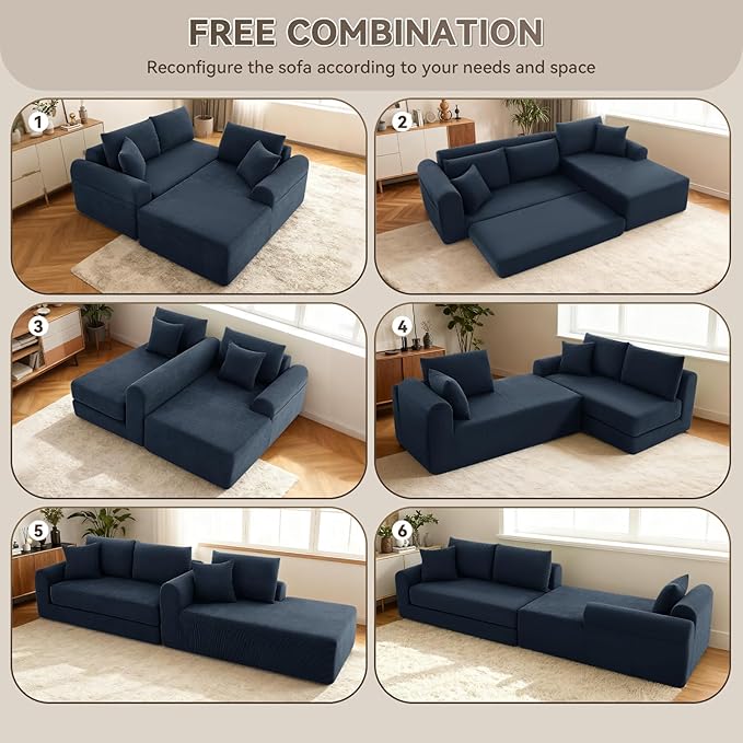 103 Modular Sectional Sofa Couch with ChaiseFolding L-Shape Sofa Bed with Deep SeatCorduroy Convertible Couch BedCompression Cloud Boneless Couches for Living Room(Navy BlueRight Facing Chaise)