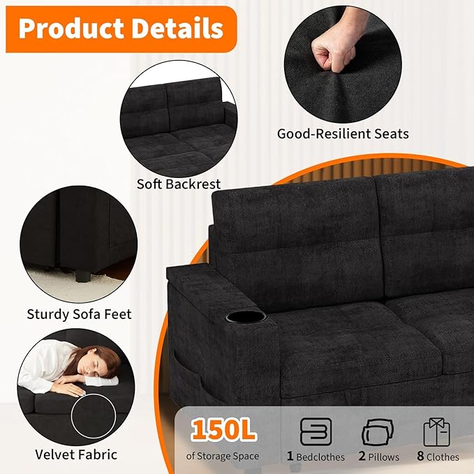 Sectional Sleeper Sofa Bed 84 Pull Out Couch Convertible Plush Corduroy Cloud Couch with Storage Chaise &amp USB Charging Comfy L-Shaped Modular Couches for Living Room Black