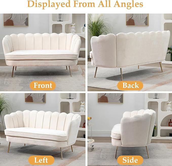 59 Wide Modern Boucle Loveseat Small Sofa Small Mini Room Couch 2-Seater Sofa with Gold Metal Legs for Space Office Studio Apartment Bedroom (Beige)