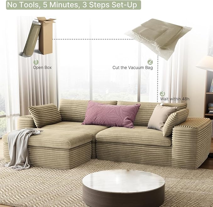 185'' Oversized Sectional Couches for Living Room Boneless Modular Sectional Sofa Plush Corduroy Cloud Couch with Ottoman U Shaped Sofa Bed No Assembly(Beige)