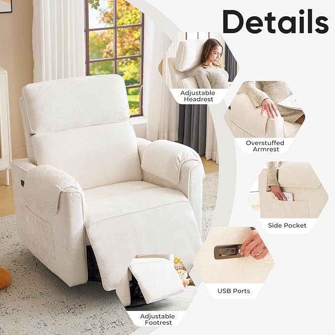 26 Extra Wide Swivel Rocker Recliner Oversized Power Recliner Chair with Adjustable Headrest Chenille Glider Rocking Nursery Chair with USB Ports Overstuffed Armrest Cream
