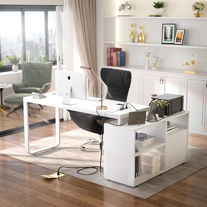Homieasy L Shaped Desk with File Cabinet &amp Power Outlet Reversible 55 Inch Large Corner Computer Desks with LED Strip L-Shaped Desk with Drawers and Storage Shelves for Home Office White