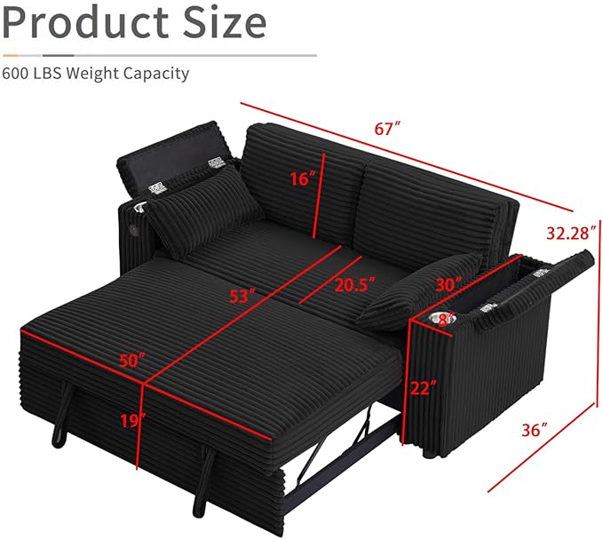 Convertible Corduroy Sofa Bed with USB Charging Port &amp Cup Holders 68.11 Foldable Sleeper Chair with Armrests &amp Pillows 3-in-1 Floor Futon for Living Room Bedroom Guest RoomEasy Assembly