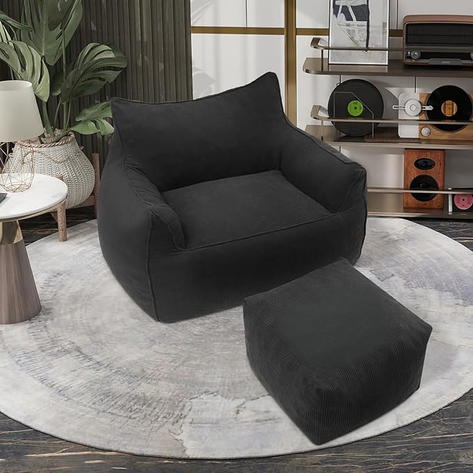 YOURLITE Bean Bag Chair for Adults with Footrest High-Resilience Foam Filled Bean Bag Sofa with Armrests and Backrest Comfy Corduroy Floor Sofa for Living Room Bedroom or Balcony (Dark Grey)
