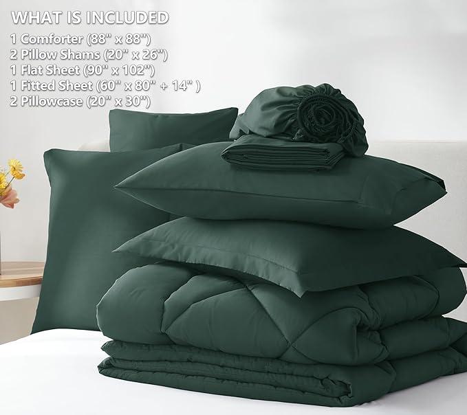 CozyLux Queen Comforter Set Forest Green - Bed in a Bag Queen Size 7 Pieces Luxury Soft Bed Set for All Seasons Bedding Set with Down Alternative Comforter Sheets Pillowcases &amp Shams