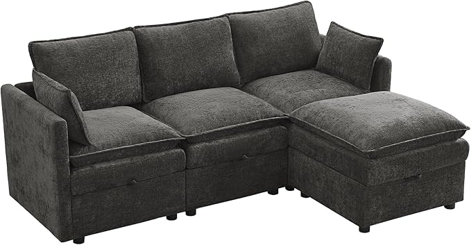 105 Cloud Modular 4 Seater Sofa with 2 Storage Ottoman Modern Upholstered Sofa Storage Sofa Couch Deep Seat U Shape Sectional Sofa Chenille Comfy Couch with Armrests for Living Room Dark Grey | Mo