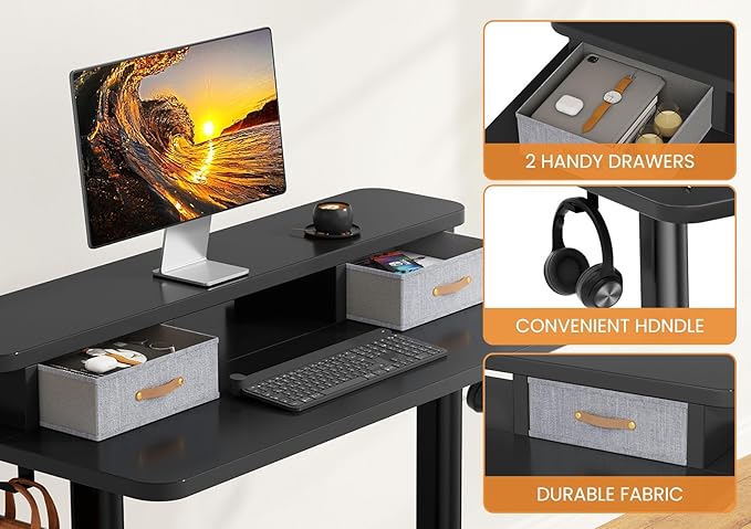 Flycity Electric Standing Desk with Dual Drawers 48 x 24 Height Adjustable Desk Sit Stand Desk with Memory Controller Casters &amp 2 Hooks Low Noise Home Office Desk Black