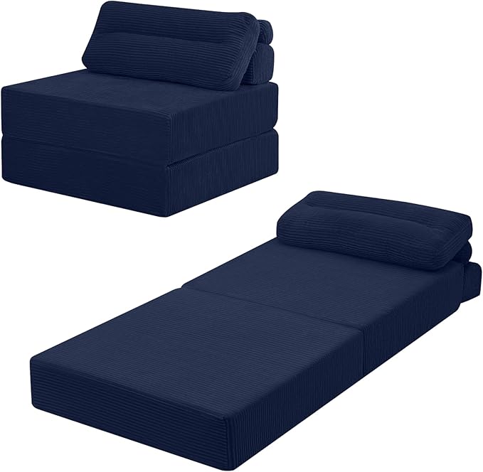 MeMoreCool Folding Sofa Bed Single – Convertible Sleeper Chair with Pillow Navy | Foldable Mattress Back Support Portable Fold Out Chair Bed Comfy Floor Sofa Lounge for Living Room Bedroom