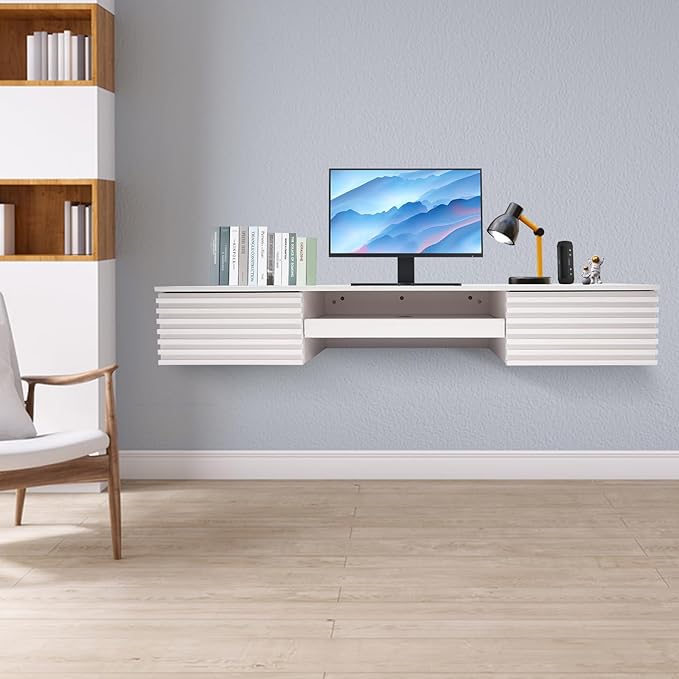 Floating Desk 60'' Wall Mounted Computer Desk with 2 Drawer &amp Keyboard Tray Home Office Desk Workstation Cable Hole Laptop PC Table for Living Room Bedroom Office White