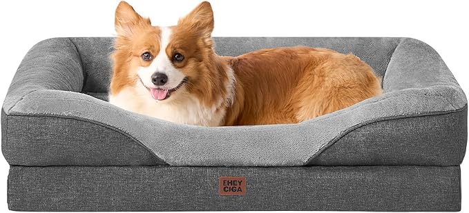 EHEYCIGA Orthopedic Dog Bed for Medium Dog 35x22x6.5 Inch Memory Foam Dog Couch Bed with Sides Waterproof Liner &amp Washable Removable Cover Bolster Pet Sofa Grey