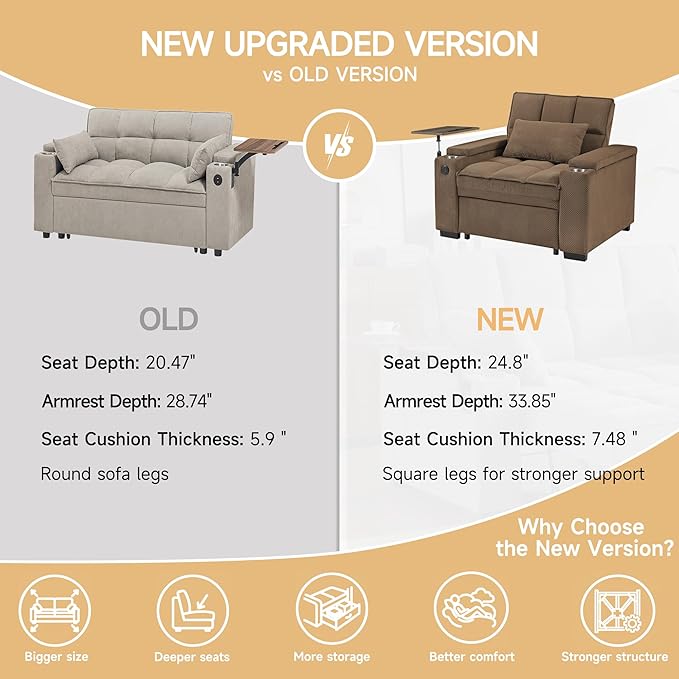 Large Size Convertible Sleeper Chair Futon Sofa Bed Comfortable Thick Cushion Single Sleeper Sofa Handheld Storage and Adjustable Backrest | Reading Chair with Rotating Small Table (Coffee)