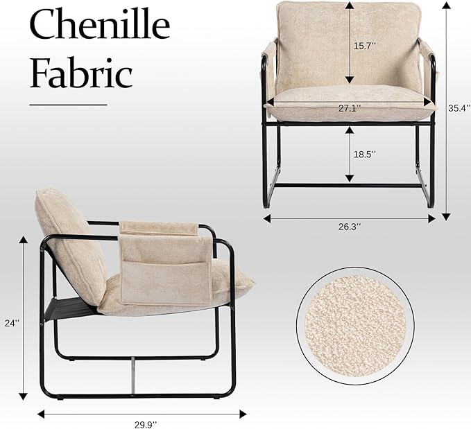 Modern Accent Chair Comfortable Living Room Chairs with Armrests Lounge Chair with Metal Frame Chenille Upholstered Bedroom Reading Chair