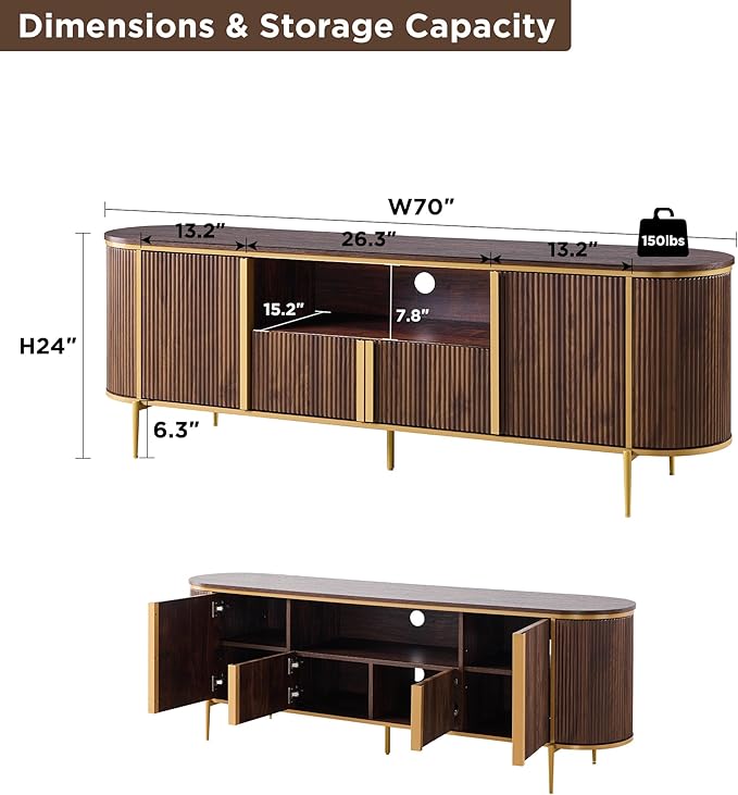 OKD Luxury 70 Fluted TV Stand Modern Chic Entertainment Center for TVs Up to 80 inches TV Console with Faux Marble Top Curved Profile Design Media Console for Living Room (Dark Walnut)
