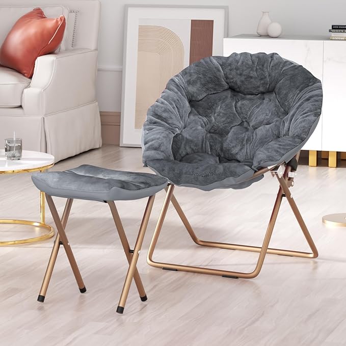 Foldable Oversized Moon Chair with Footrest Large Faux Fur Round Saucer Moon Chair with Folding Footrest Stool for Teens and Adults