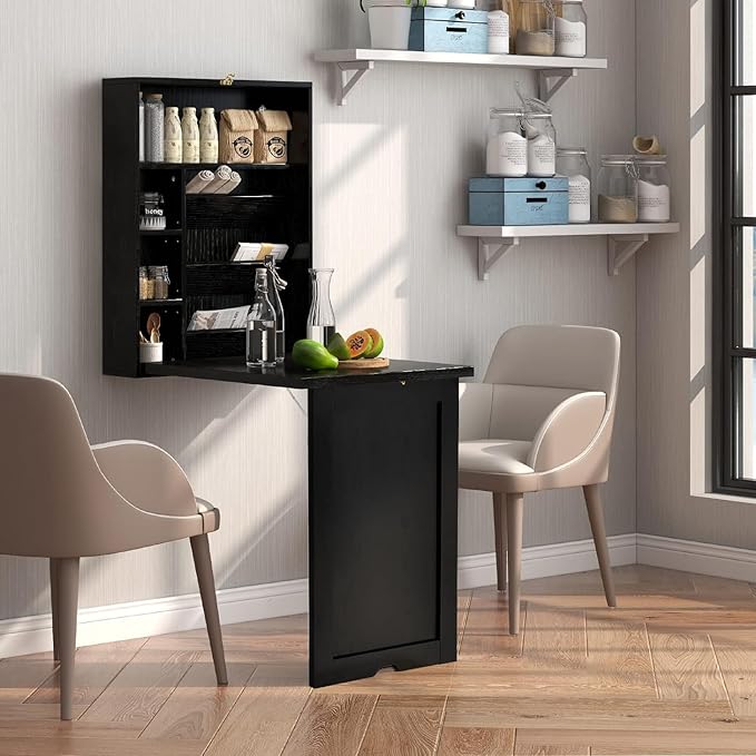Wall Mounted Desk Wood Collapsible Floating Desk Convertible Computer Desk with Storage Area Hanging Fold Out Table for Home Office Small Spaces (Black)