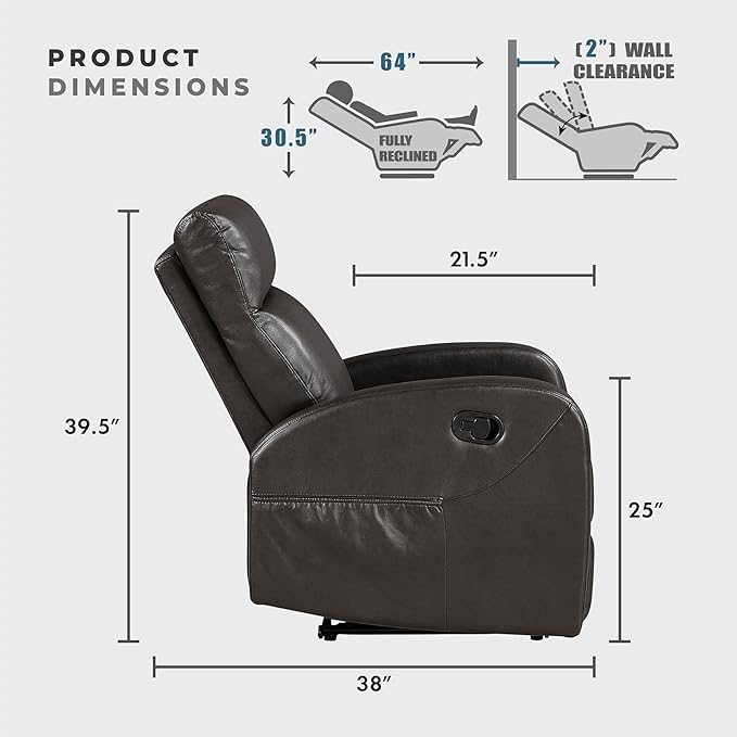 Lexicon Manual Reclining Sofa Faux Leather Recliner Sofa Wall Hugger Track Arms Magazine Pockets Manual Dual Recliners Couch for Living Room/Office/Apartment Easy Assembly Espresso