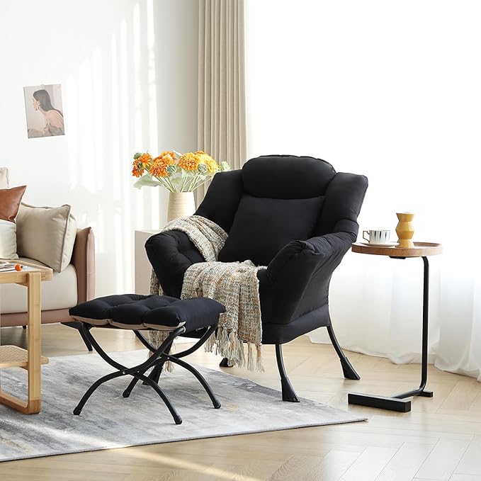 Lazy Chair with Ottoman Comfy Reading Chair with Footstool &amp Pillow Modern Lounge Chair with Armrests &amp Side Pocket for Living Room Bedroom Dorm RoomBlack