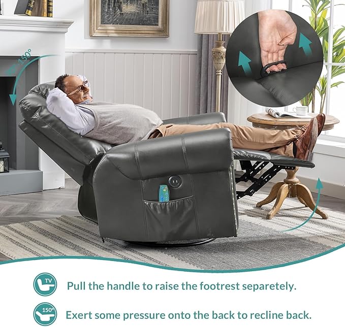 MEETWARM Oversized Massage Rocking Recliner Chair with Heat Manual Glider Swivel Rocker Recliner with High Back 360°Swivel Nursery Reclining Sofa with Remote Control/USB Port for Living Room(Gray)