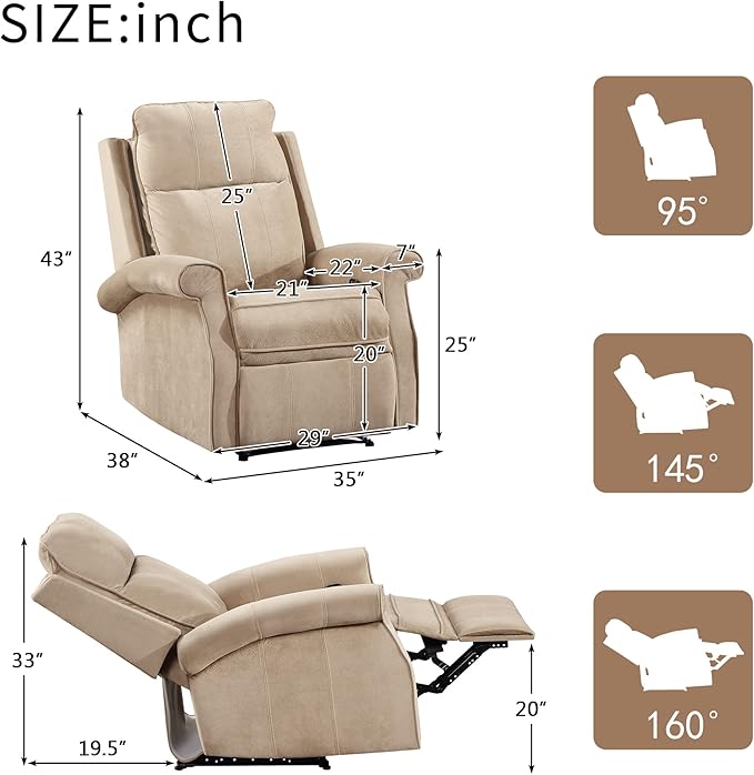 Oversize Modern Upholstered Lounge Single Sofa Manul Recliner Chair with Soft Durable Fabric and Overstuffed Armrests with Tall Neck Support for Living RoomHoney