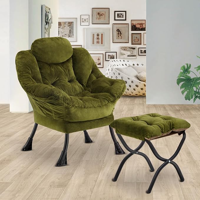 Lazy Chair with Folding OttomanLeisure Sofa ChairSoft Fabric Armchair with Armrests and Side Pockets Reading Chair with Footrest for Living Room Bedroom Office (Plush Green)