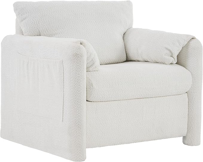 KEIKI Chenille Oversized Reading Chair- 33 W Modern Accent Chair with Deep Cushion Seating Comfy Upholstered Single Sofa Armchair for Living Room Bedroom Office Ivory White