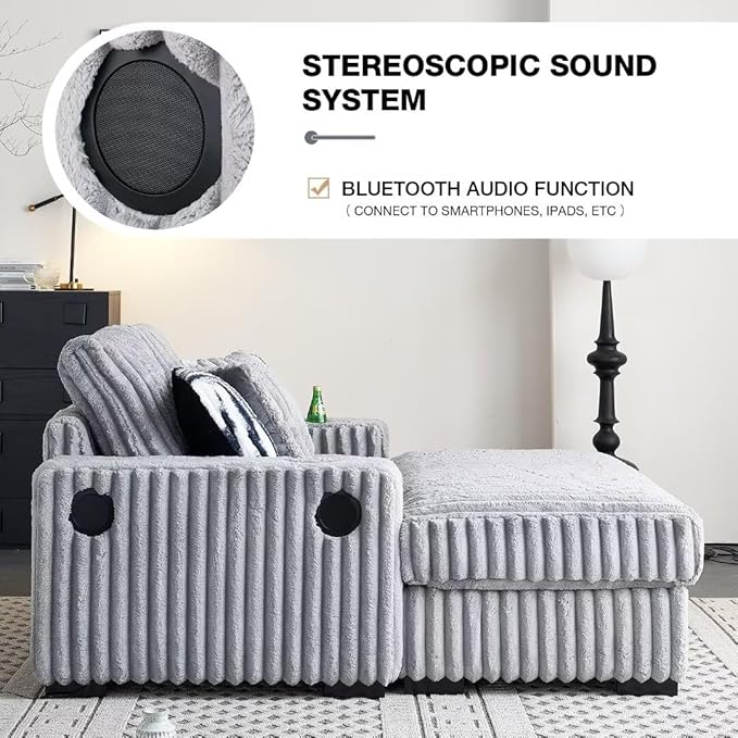 Oversized Sofa Corduroy Upholstered Cloud CouchCup Holders and USB Ports &amp Wirelessly Charged &amp Bluetooth Speakers Deep Seat for Loveseat Living Room Office