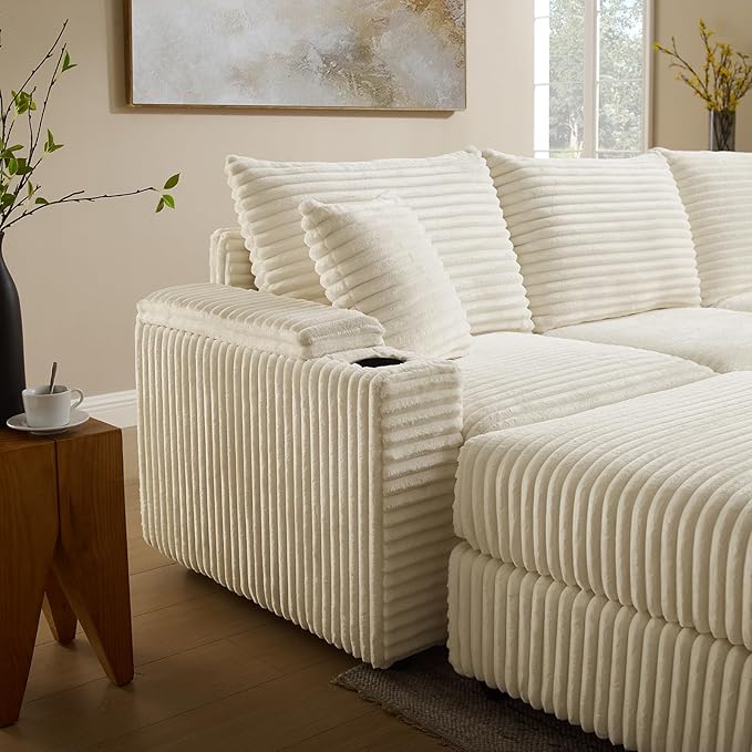 Cloud Sectional Couch L-Shaped Modular Sectional Sofa with Ottoman for Living Room Plush Corduroy Comfy Upholstered Couches with Charging Station Cup Holders &amp Armrest Storage
