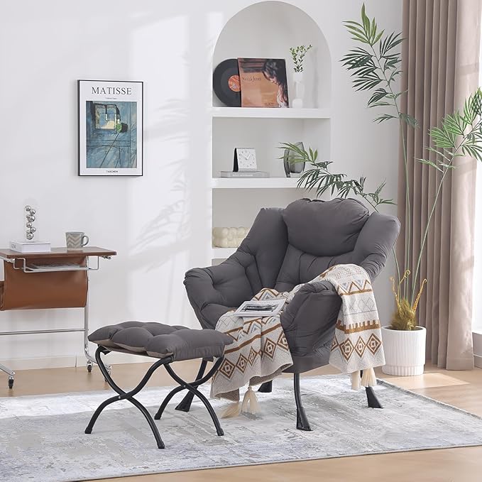 Lazy Chair with Ottoman Lounge Accent Arm Chair with Armrests Side Pocket and Footrest Leisure Upholstered Sofa Reading Chair with Footstool for Living Room Bedroom Dark Grey
