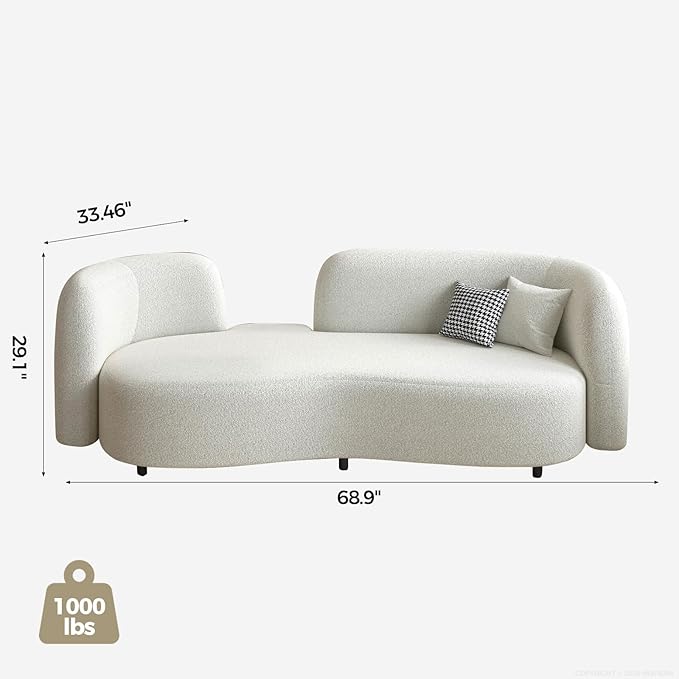 Modern Curved Sherpa Sofa Small Loveseat Couch with Solid Wood Frame &amp Thick Cushion Comfy Upholstered Sofa for Living Room or Apartment – Ivory White