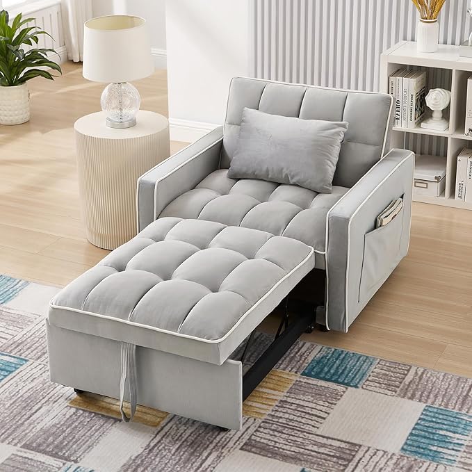 35-inch Futon Sofa Chair with Pull Out Bed Modern Tufted Velvet 3 in 1 Convertible Sleeper Sofa Chair with a Pillow for Small Space Living Room Apartment Bedroom Grey