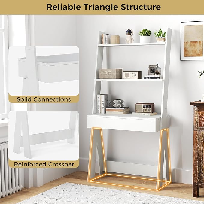 Tangkula Ladder Desk with Countertop &amp Drawer Home Office Computer Laptop Table with Open Shelves &amp Anti-Tip Kits Wall-Leaning Compact Working Station for Small Spaces (White)
