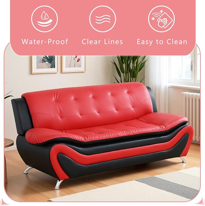Leather Lovesat Sofa Couch Loveseat Sofa for Living Room Furniture Set 2 Seater Sofa with Metal Legs for Living Room/Bedroom/Office Black &amp Red